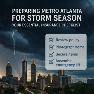 Metro Atlanta skyline under storm clouds with checklist overlay