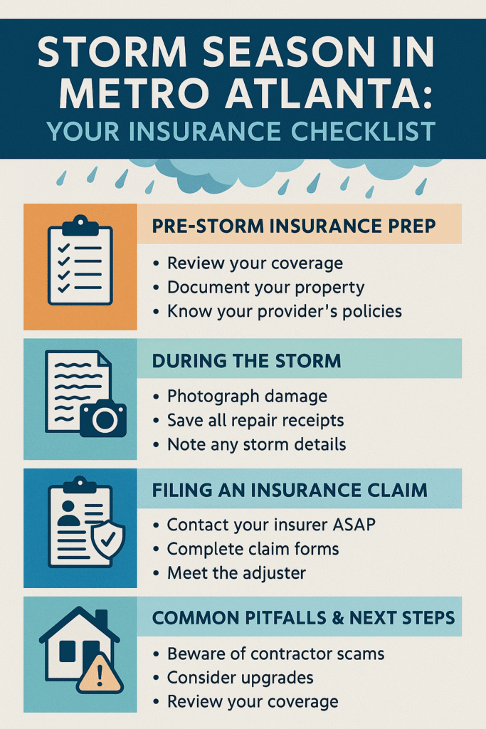 Infographic showing five steps: review policy, photograph home, secure items, check drains, assemble emergency kit