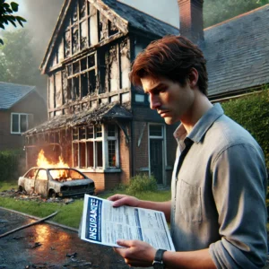 man staring at his insurance policy outside of a burned house