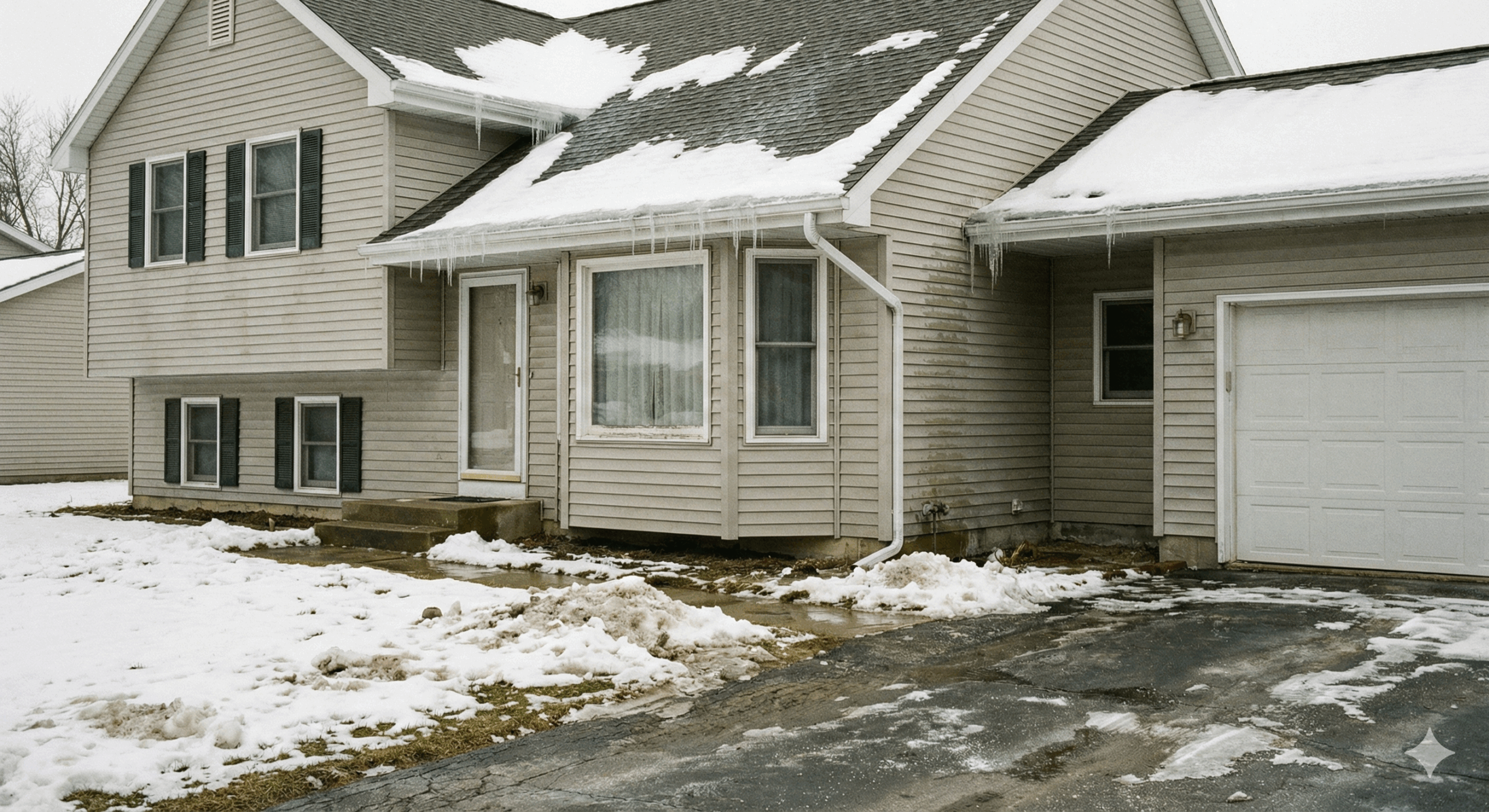 Home exterior showing potential winter storm damage after snow and ice melt