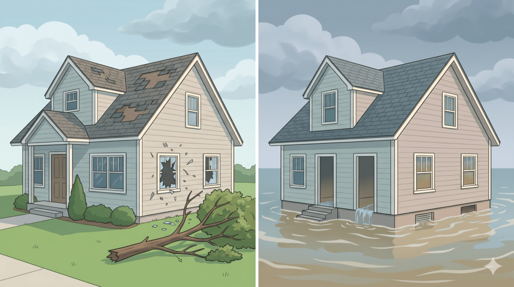 Illustration comparing hurricane wind damage and flood damage to a home