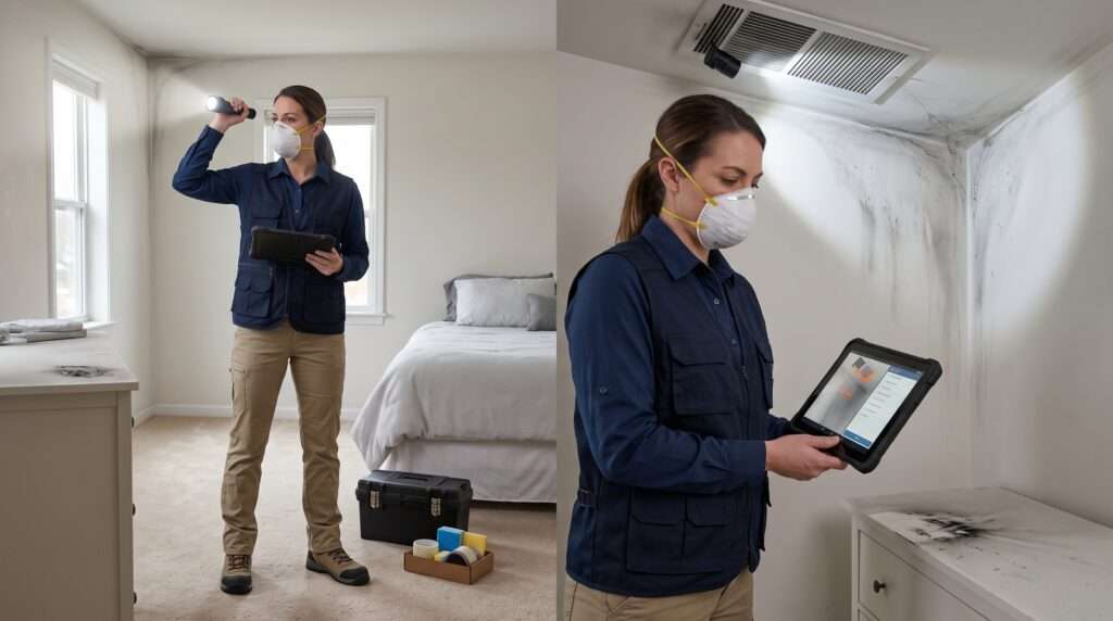 Public adjuster inspecting hidden smoke and soot damage near HVAC vents after a house fire