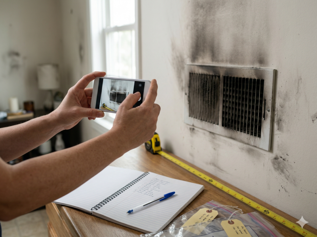 Person photographing smoke damage and taking inventory notes to support a homeowners insurance fire claim.