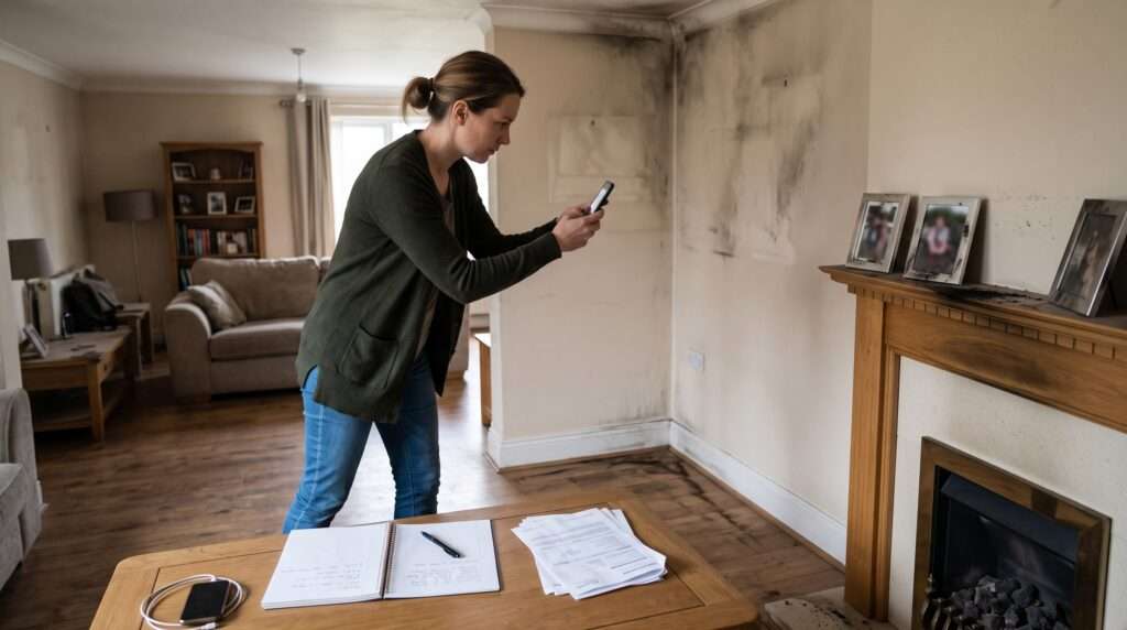 Homeowner taking photos of smoke and soot damage for a fire insurance claim