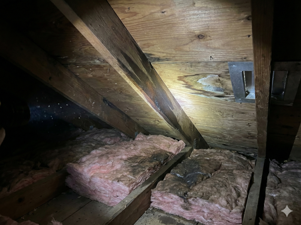 water damage discovered in the attic of a home