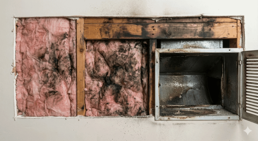 Hidden smoke and soot damage inside walls and HVAC system after a house fire