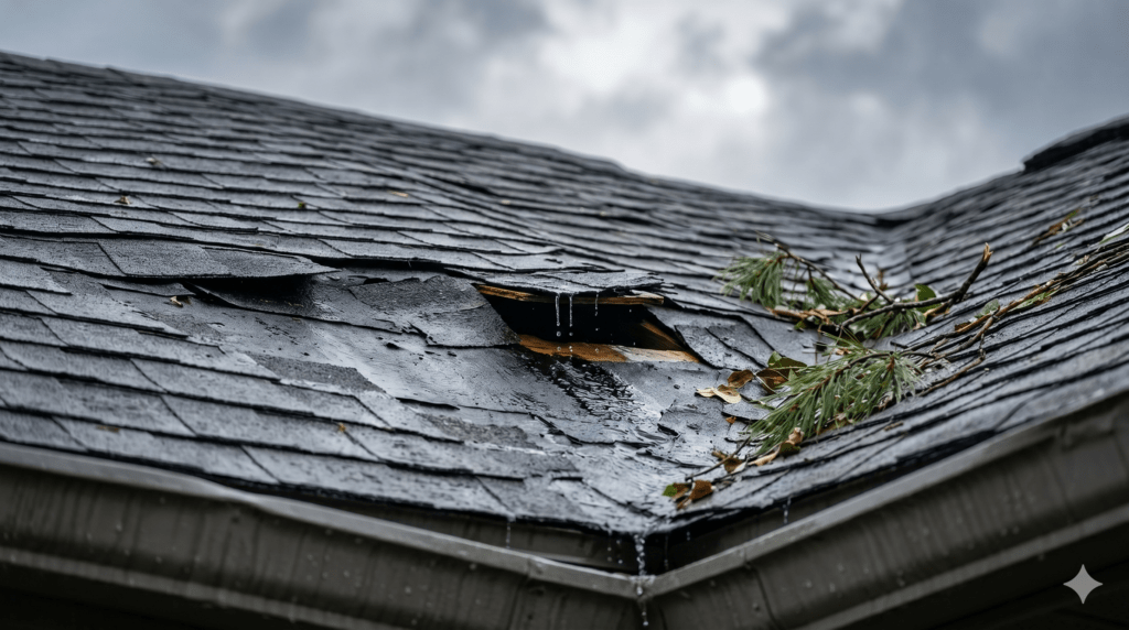 Hurricane roof damage with missing shingles and wind-driven rain