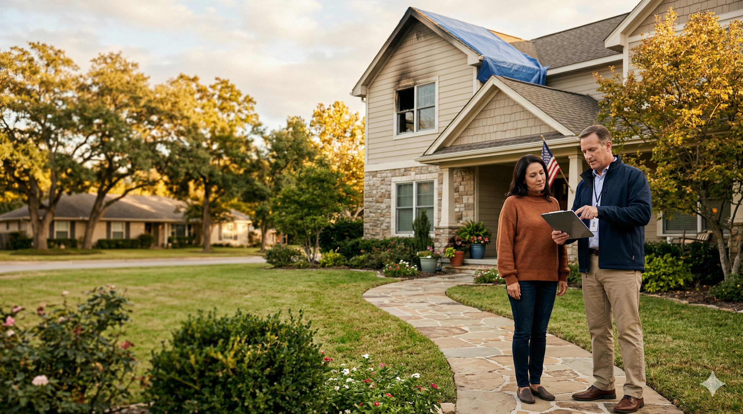 Featured image showing a homeowner reviewing fire damage claim details with a public adjuster outside a home.