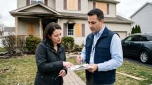 Homeowner reviewing fire damage insurance claim documents with public adjuster after a house fire