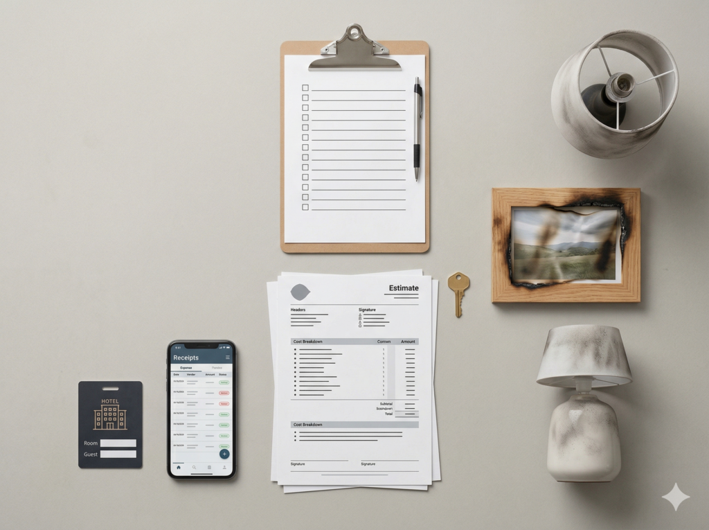 Flat lay showing fire claim documentation, damaged household items, and receipts for temporary living expenses.