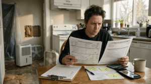 homeowner looking through their insurance claim with disappointment