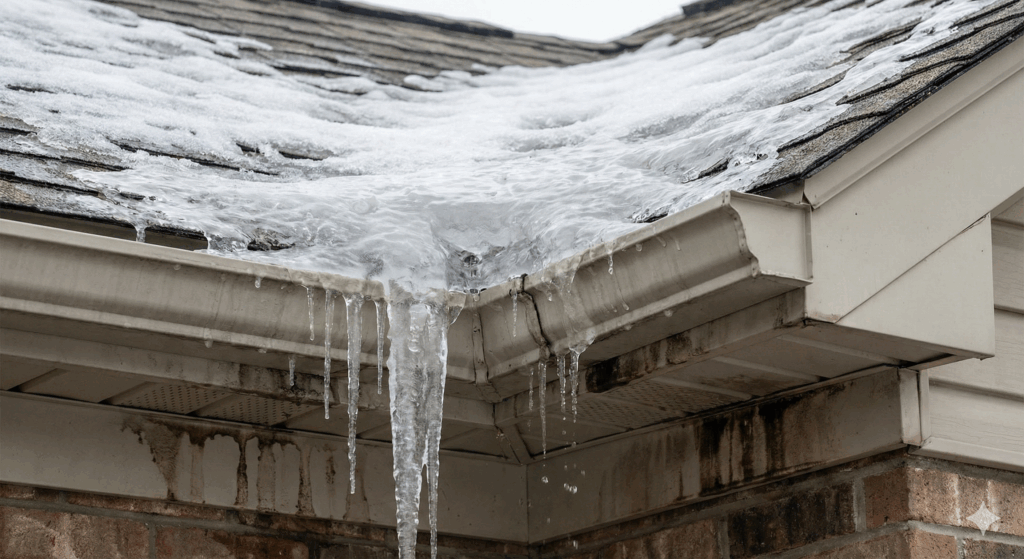 Ice dam and roof damage caused by winter storm snow and ice buildup