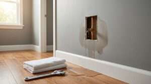 Does homeowners insurance cover water damage from a broken pipe? Water damage behind a wall with damp drywall, a small puddle on hardwood flooring, and a wrench and towels nearby.