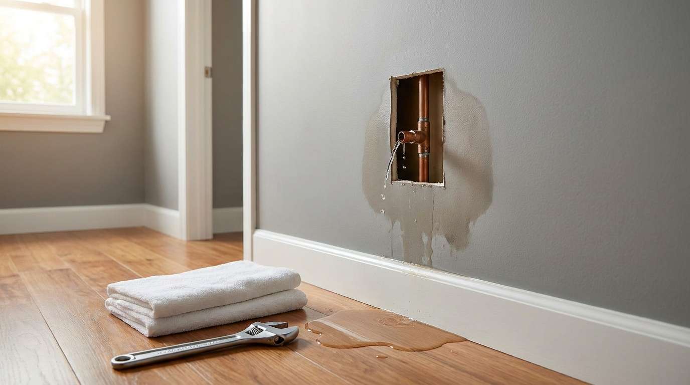 Does homeowners insurance cover water damage from a broken pipe? Water damage behind a wall with damp drywall, a small puddle on hardwood flooring, and a wrench and towels nearby.